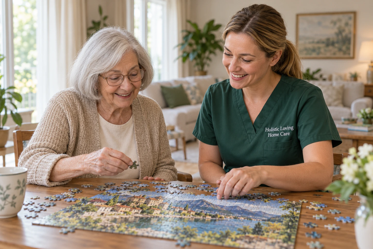 Una mujer mayor y una cuidadora hacen un rompecabezas. La cuidadora lleva un uniforme de Holistic Loving Home Care.