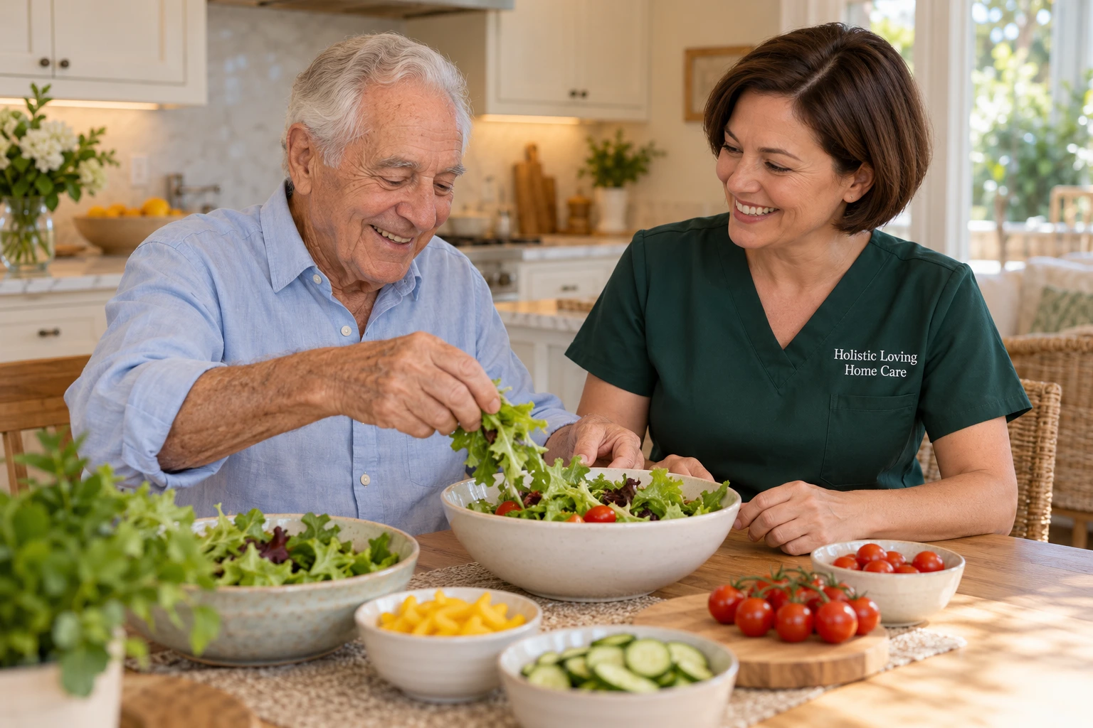 Un hombre mayor y una cuidadora preparan una ensalada. El uniforme dice Holistic Loving Home Care.