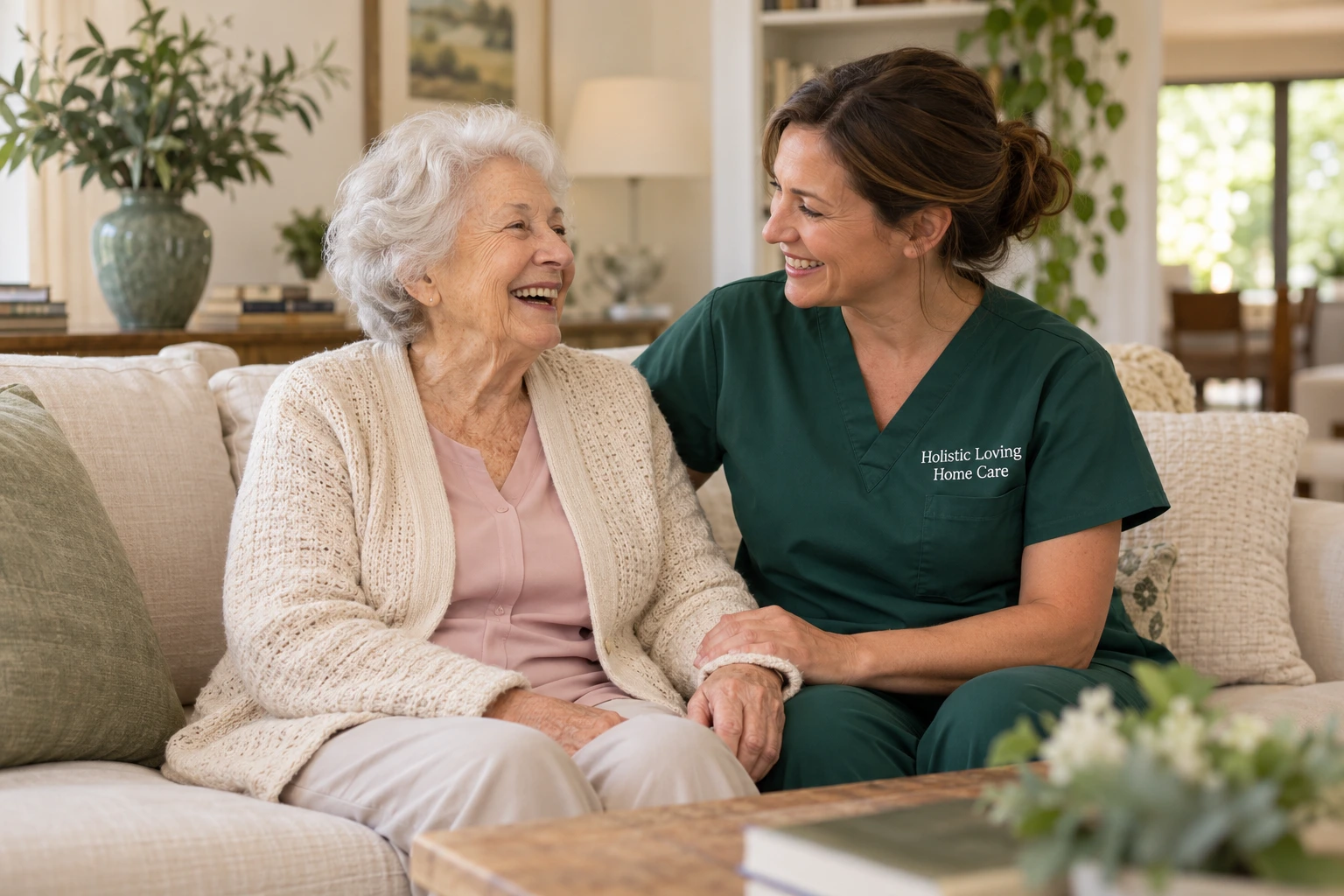 Una mujer mayor y una cuidadora comparten un momento en casa. El uniforme dice Holistic Loving Home Care.