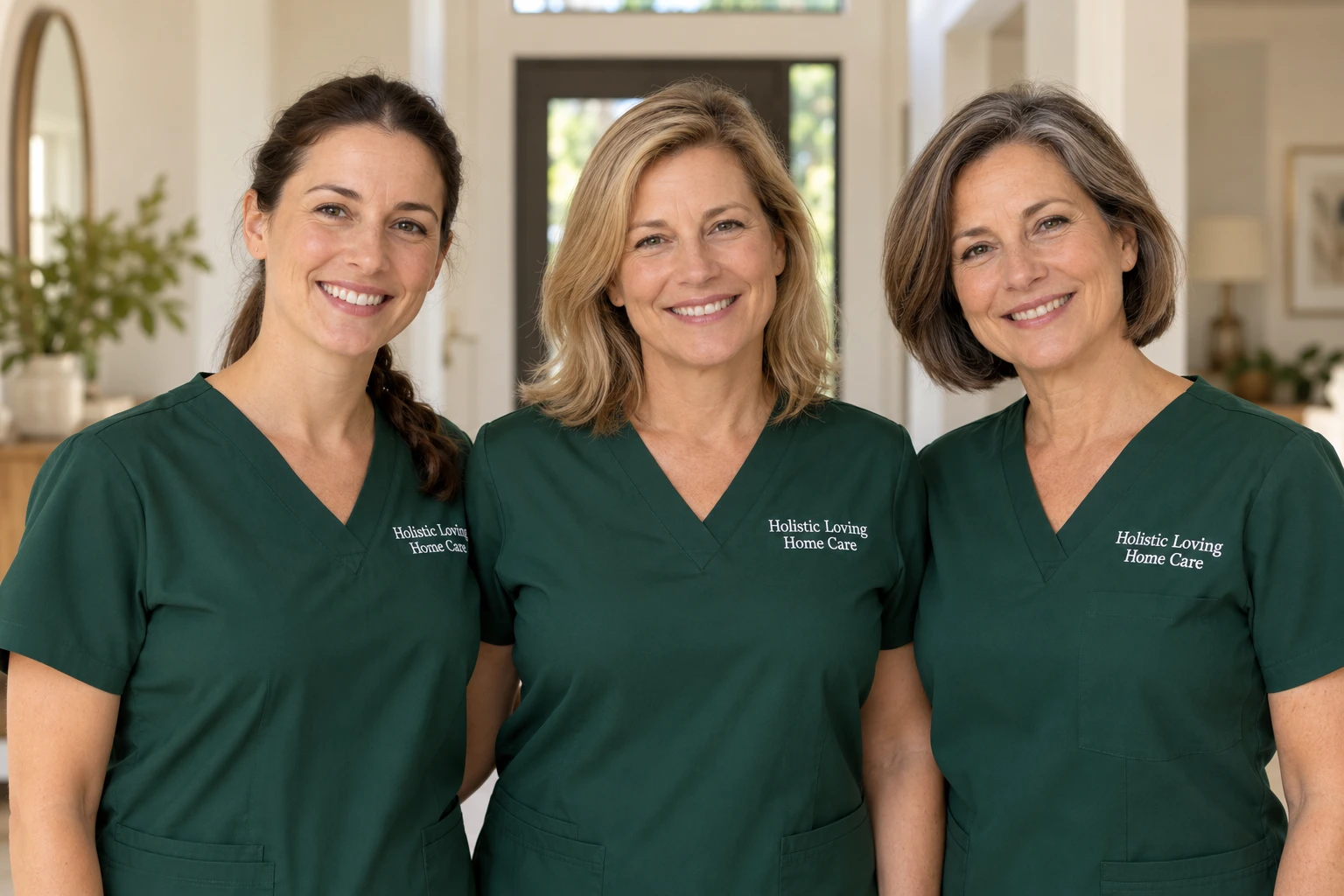 Tres cuidadoras de entre 30 y 50 años llevan uniformes verdes bordados con Holistic Loving Home Care.
